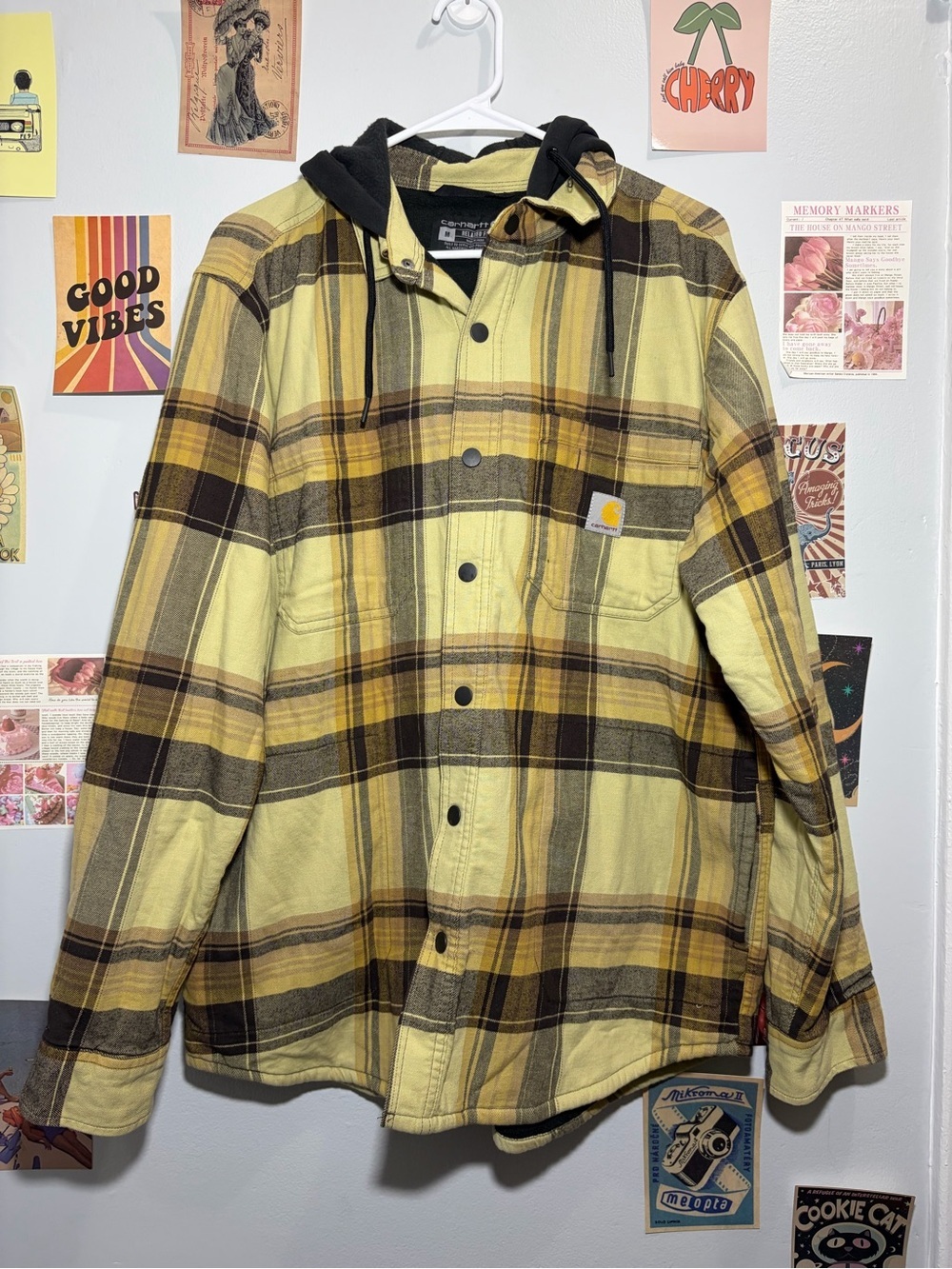 Carhartt Yellow and Brown Plaid Hooded Flannel Shirt Jacket